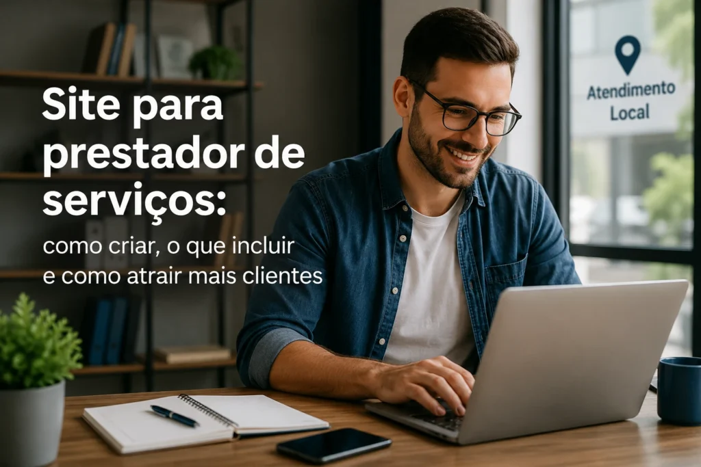 Prestador de serviços analisando um site com informações sobre atendimento, trabalhos realizados e contato.