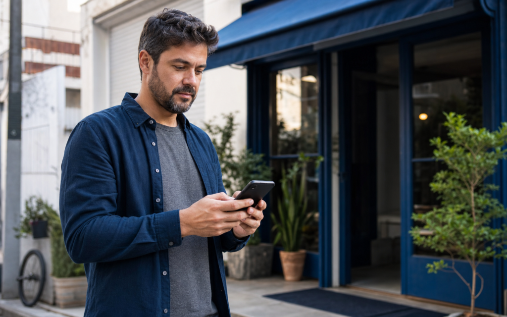 Profissional consultando informações da empresa no celular em frente ao estabelecimento