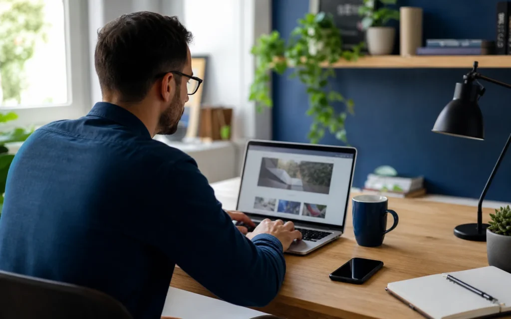 Profissional trabalhando em um site no computador, com celular sobre a mesa