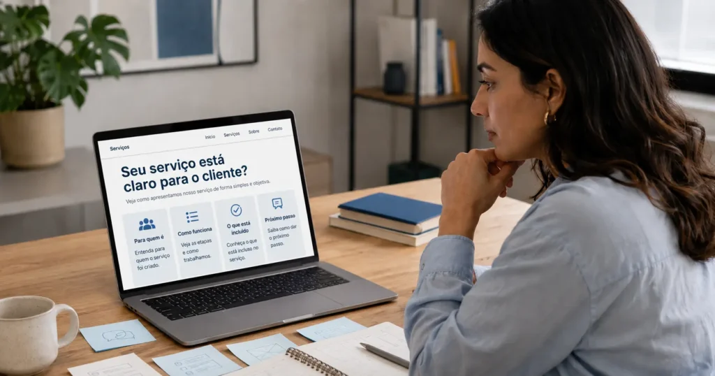 Profissional organizando em um notebook a apresentação clara dos serviços oferecidos em seu sit
