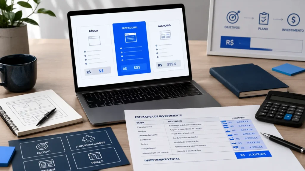 Planejamento de investimento em site profissional com comparação de escopos, funcionalidades e estimativa de custos.