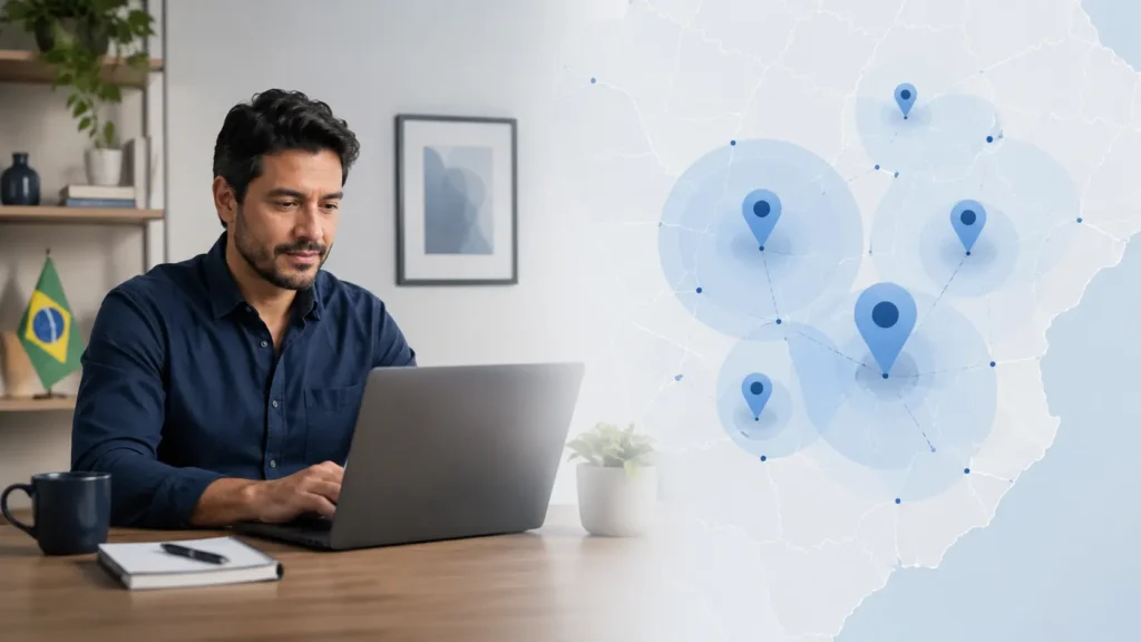 Profissional em home office verificando uma área de atendimento no mapa, sem exibir endereço residencial.